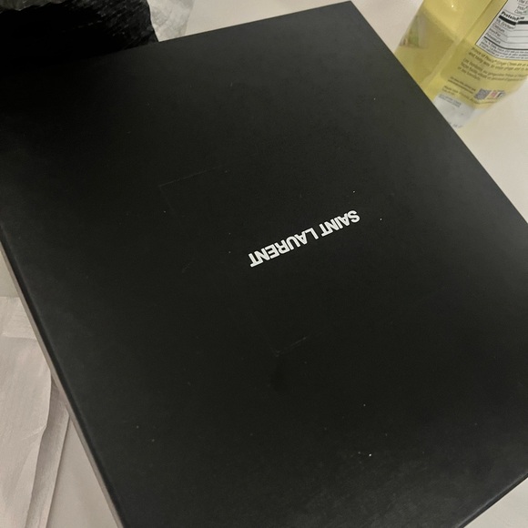 Saint Laurent Black Patent Strappy Sandals with Gold Logo Heel - Picture 5 of 5